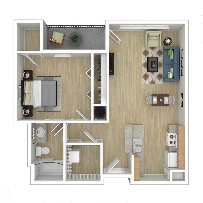Floor plan for 1 bed, 1 bath, 728 sqft